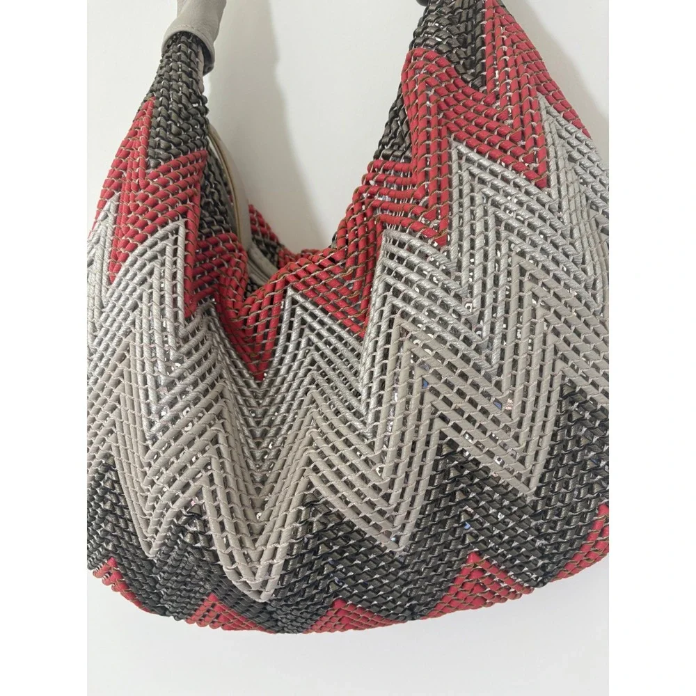 Big Buddha Woven Chevron Hobo Bag Red Grey Metallic Zig Zag Slouchy